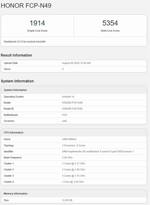 آنر مجیک V3  گلوبال در Geekbench