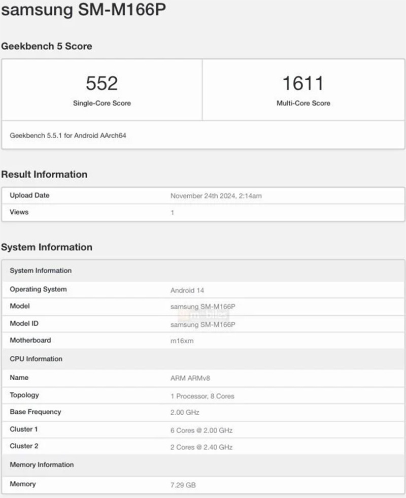 گلکسی M16 در Geekbench