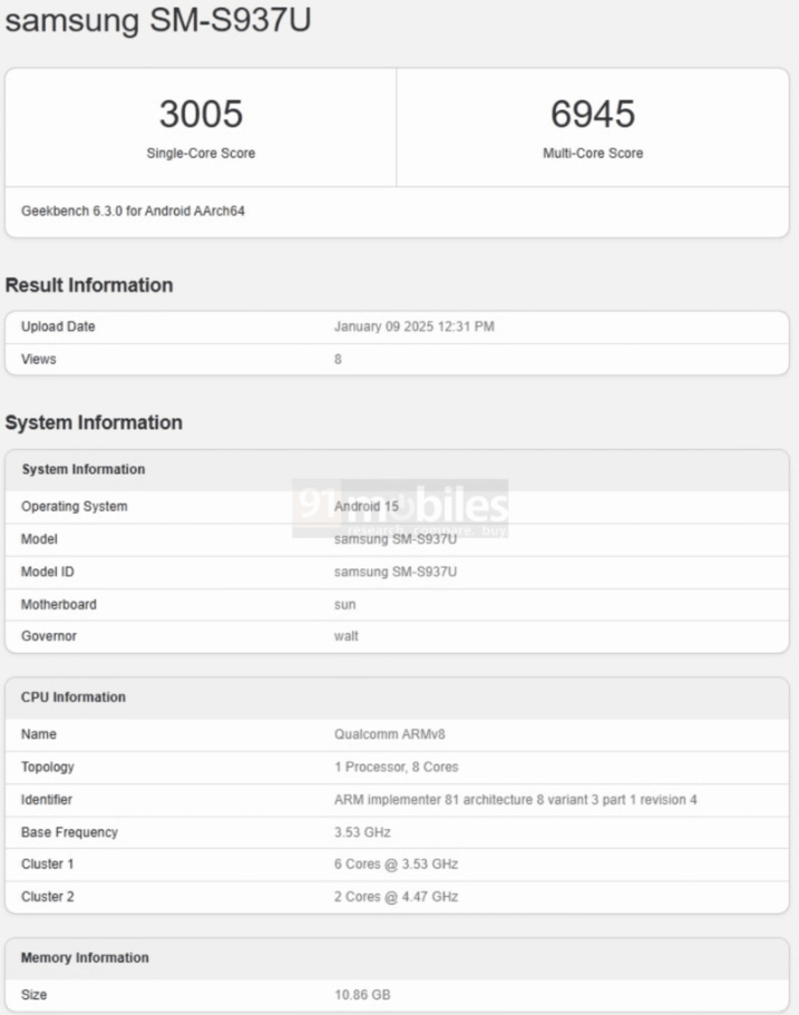 گلکسی S25 اسلیم در Geekbench 