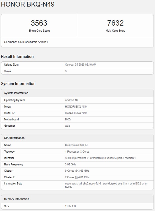 فهرست Honor Magic 8 Pro در Geekbench